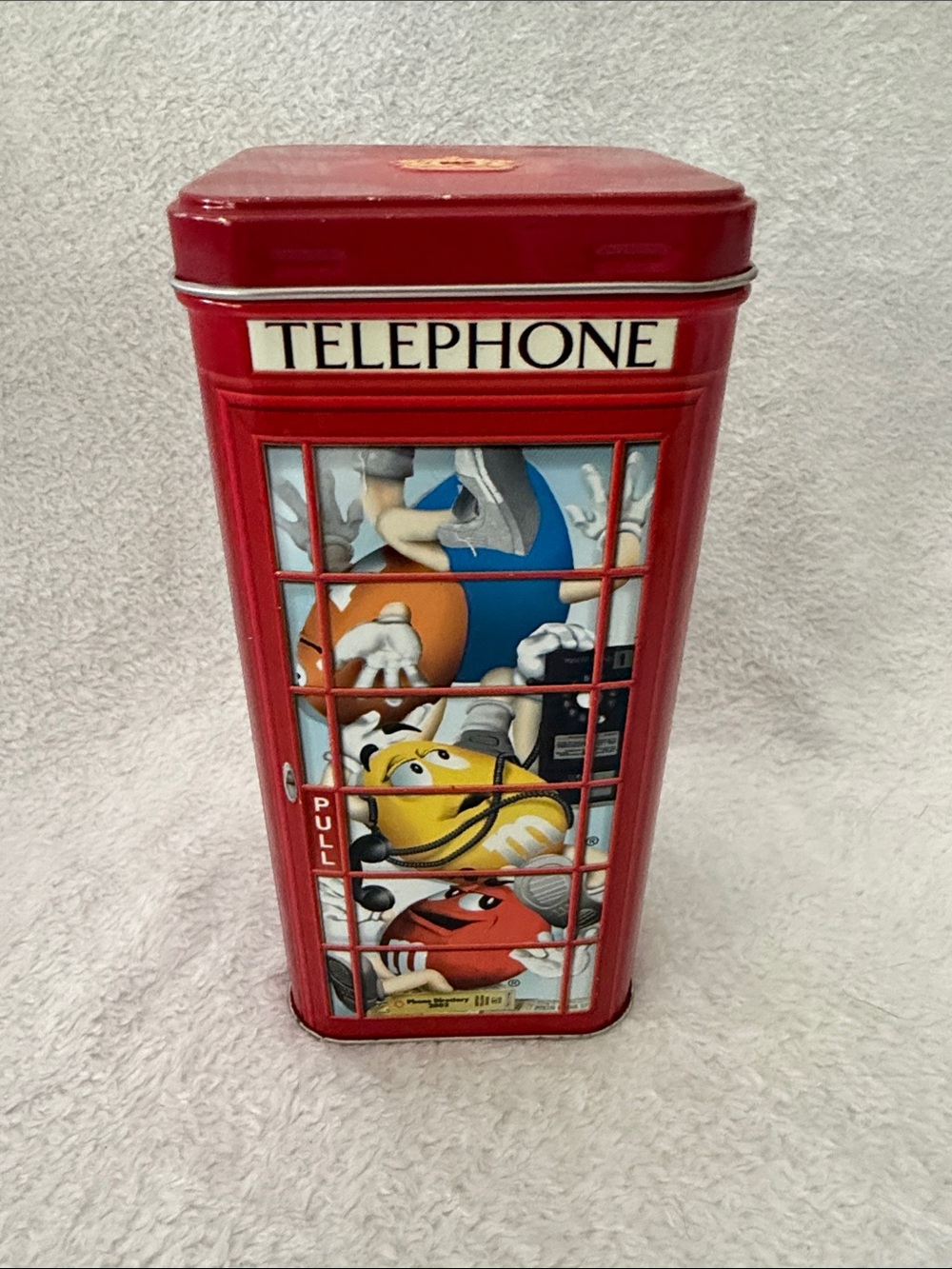 M&M'S Red Telephone Booth Tin with Green, Yellow, Blue & Orange Characters